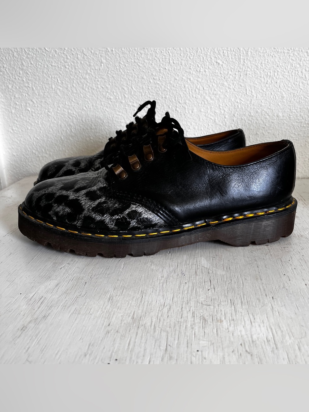 Unique Custom Dr. Martens Black Leather Lace-Up Derby Leopard-Print Toe Size 11